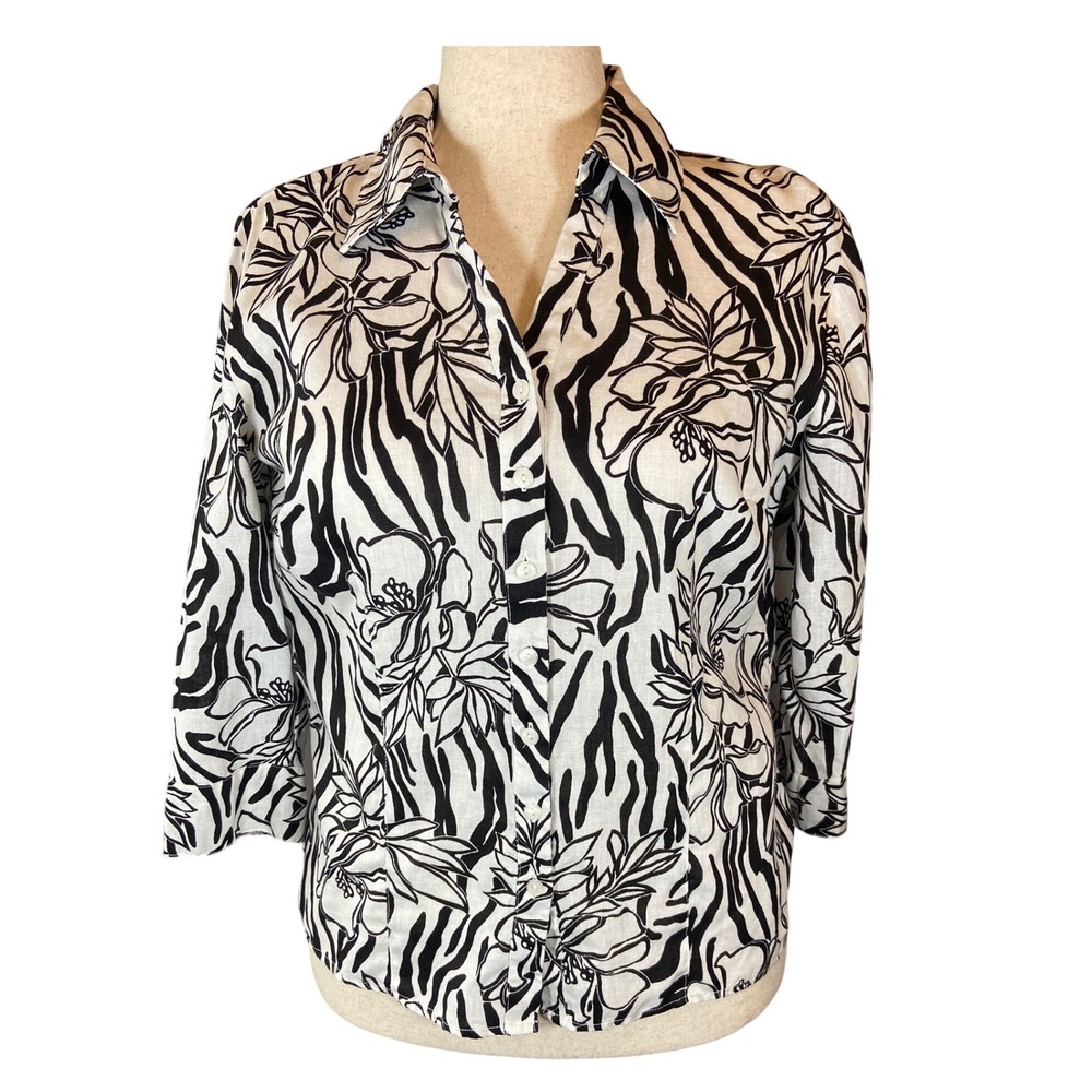 Womens Zebra Print Linen Button‎ Up Shirt 3/4 Sleeve Floral Accents
